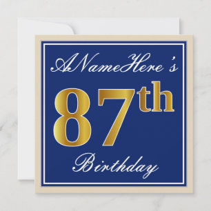Convite Elegante, Azul, Faux Dourado 87º Aniversário + Nom