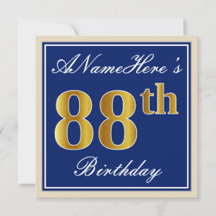 Convite Elegante, Azul, Faux Dourado 88º Aniversário + Nom