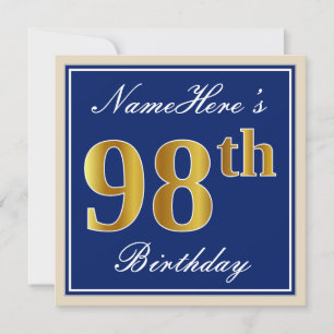 Convite Elegante, Azul, Faux Dourado 98º Aniversário + N