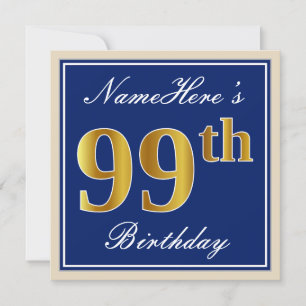 Convite Elegante, Azul, Faux Dourado 99º Aniversário + Nom