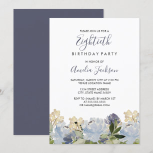 Convite Elegante Azul Floral Aquarela 80º Aniversário