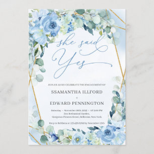 Convite Elegante Azul Floral Dourado Geométrico Ela Disse