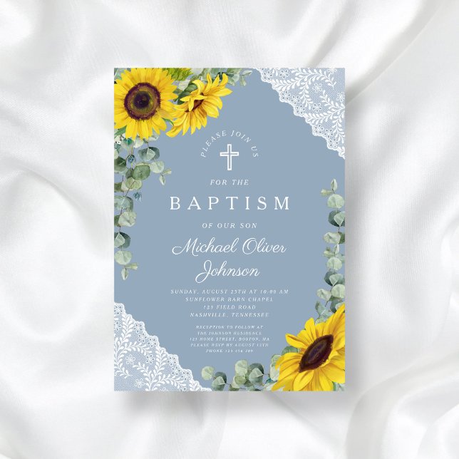 Convite Elegante Azul Girassóis Cruzados Batismo (Elegant Dusty Blue Sunflowers Cross Baptism Invitation)