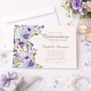 Convite Elegante Azul Lilás Floral Horizontal Quinceañera