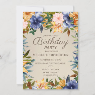 Convite Elegante Azul Marinho Amarelo Floral Aniversário F