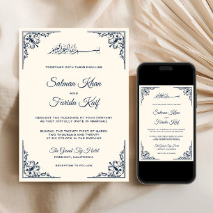 Convite Elegante Azul Marinho Creme Casamento Islâmico Muç