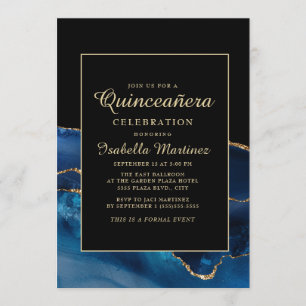 Convite Elegante Azul Marinho Dourado Ágata Mármore Quince