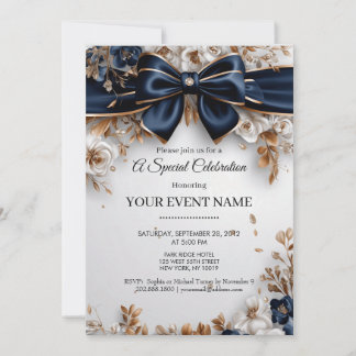 Convite Elegante Azul Marinho Dourado Floral Laço Festa