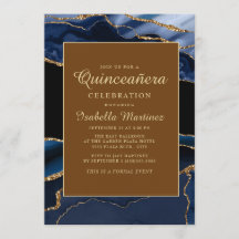 Elegante Azul Marinho Dourado Mármore Ágata Quince