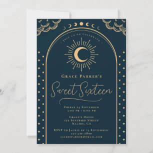Convite Elegante Azul Marinho Dourado Sweet Sixteen Vintag