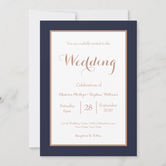 Convite Elegante Azul Marinho e Branco Falso Casamento de  (Frente)