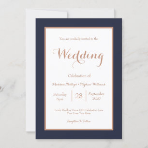 Convite Elegante Azul Marinho e Branco Falso Casamento de