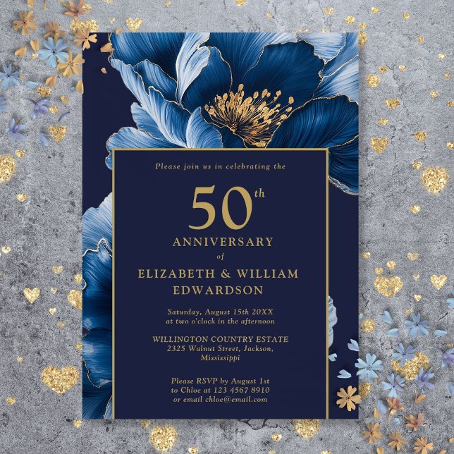 Convite Elegante Azul Marinho Floral Moderno 50º Aniversár (Modern Navy Blue Floral Elegant 50th Anniversary Invitation)