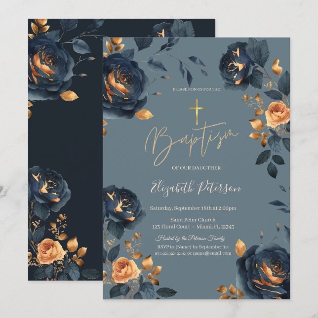 Convite Elegante Azul Marinho Flores Douradas Batismo  (Frente/Verso)