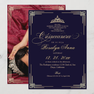 Convite Elegante Azul Marinho Princesa Quinceañera