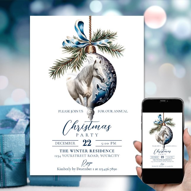 Convite Elegante azul-natalino equestre branco (Elegant blue Christmas white horse equestrian Invitation)