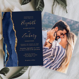 Convite Elegante Azul Naval Ágata Dourada Foto Casamento