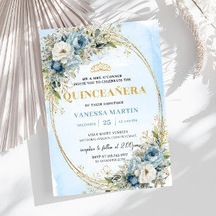 Convite Elegante Azul Pastel Dourado Eucalipto Quinceañera