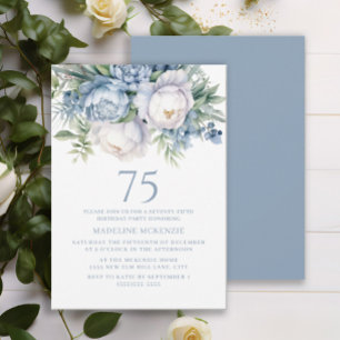 Convite Elegante Azul Poeirento Branco Floral 75º Aniversá