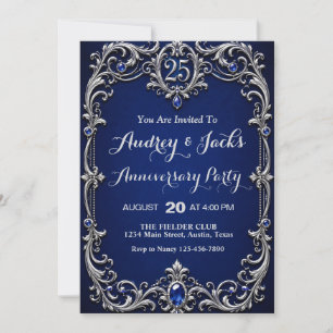 Convite Elegante Azul Prata 25º Aniversário