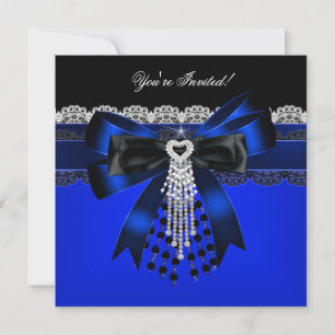 Convite Elegante Azul Preto Branco Diamante Pérola Renda F