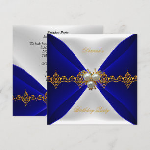 Convite Elegante Azul Real Aniversário Dourado Joia Seda B