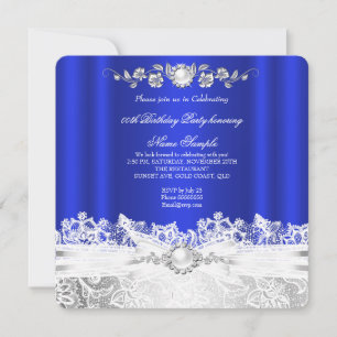 Convite Elegante Azul Real Branco Renda Jóia Laço Aniversá