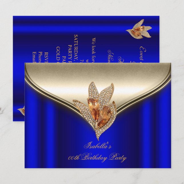 Convite Elegante Azul Real Bronze Marrom Dourado Festa (Frente/Verso)