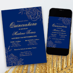 Convite Elegante Azul Real Dourado Floral Esboço Quinceane