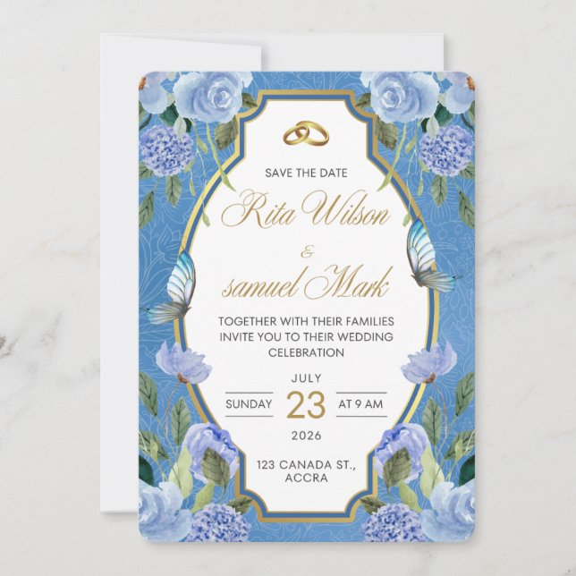 Convite Elegante Azul Real Floral e Dourado (Frente)