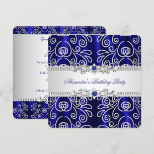 Convite Elegante Azul Real Navy Sobreposição de Renda e Di