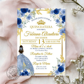 Convite Elegante Azul Real & Rosa Dourada Quinceañera
