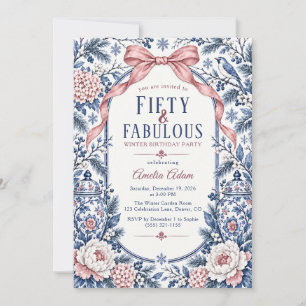 Convite Elegante Azul Rosa Chinoiserie Aniversário Fabulos