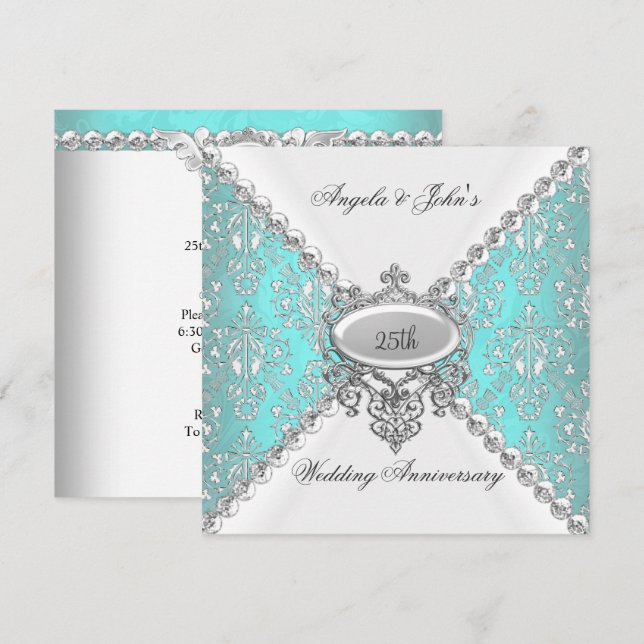 Convite Elegante Azul Teal Branco Aniversário de Bodas de  (Frente/Verso)