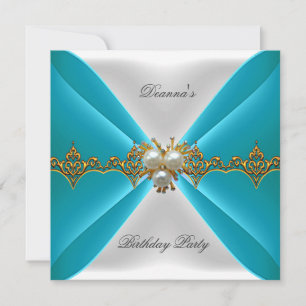 Convite Elegante Azul Turquesa Aniversário Dourado Joia Se