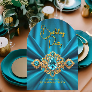 Convite Elegante Azul Turquesa Aniversário Joia Dourada Se