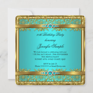 Convite Elegante Azul Turquesa Dourado Damasco Diamante An