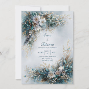 Convite Elegante Azul Turquesa Floral Pena Dourada Casamen
