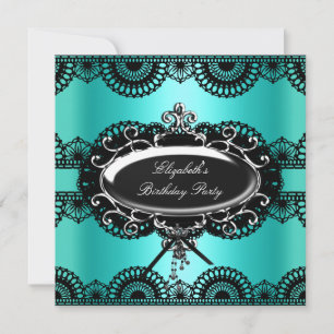 Convite Elegante Azul Turquesa Preto Prata Renda Aniversár