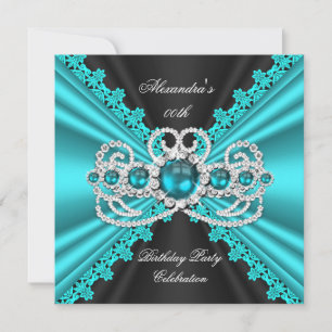 Convite Elegante Azul Turquesa Renda Diamante Preto Aniver