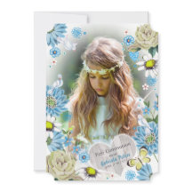 Elegante Azul & verde Floral Primeira Comunhão