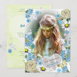 Convite Elegante Azul & verde Floral Primeira Comunhão