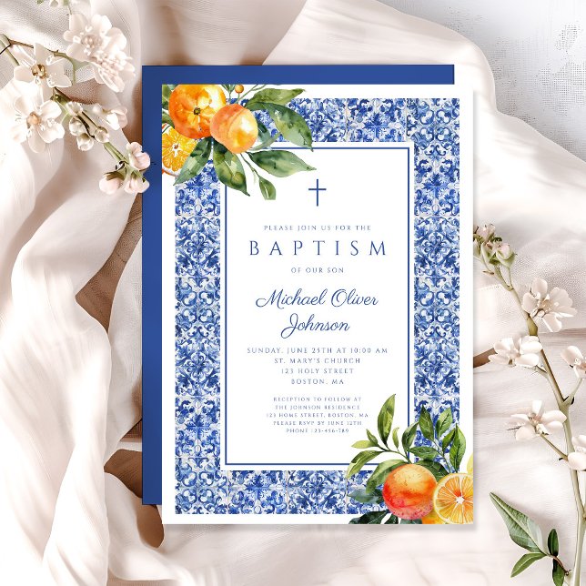 Convite Elegante Azulejo Azul Citrus Menino Religioso Bati (Elegant Citrus Blue Tiles Religious Boy Baptism Invitation)