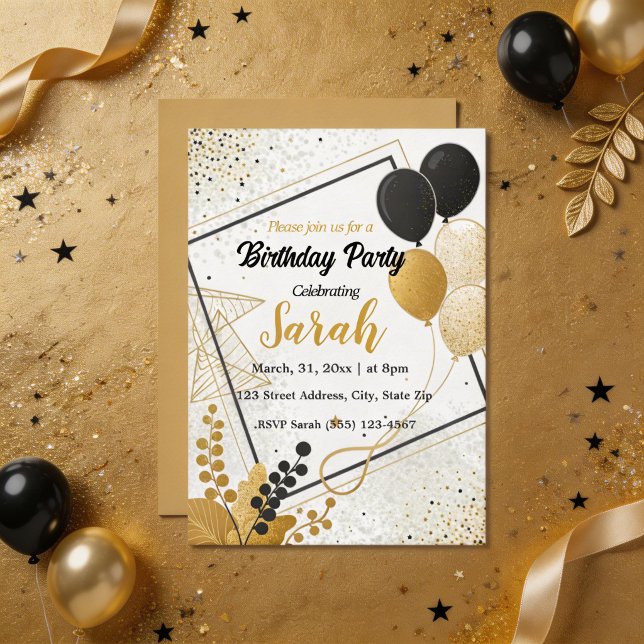 Convite elegante balão dourado preto para qualquer idade d (Criador carregado)