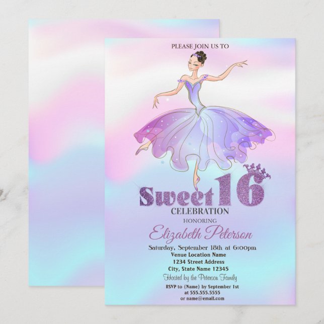Convite Elegante Ballerina Colorful Ombre Sweet 16 (Frente/Verso)