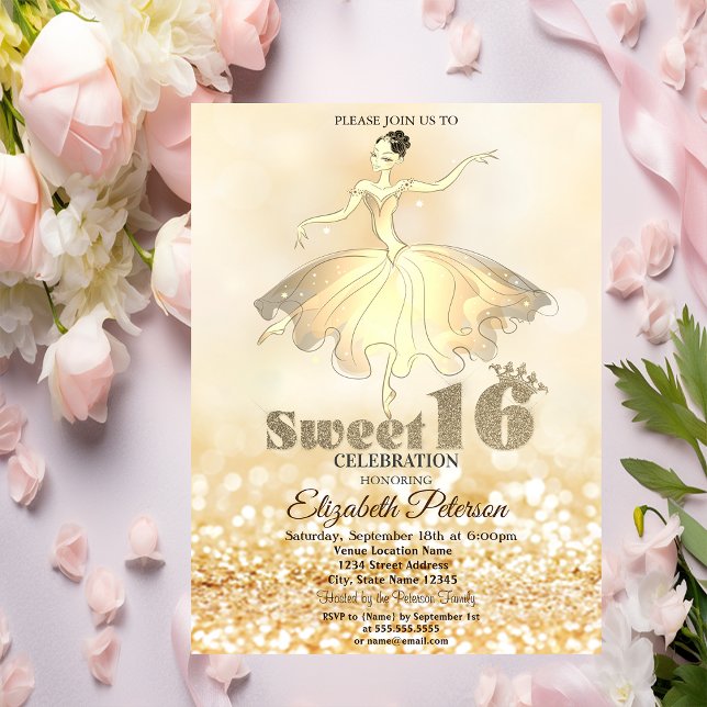 Convite Elegante Ballerina Dourada Glitter Bokeh Sweet 16 (Criador carregado)