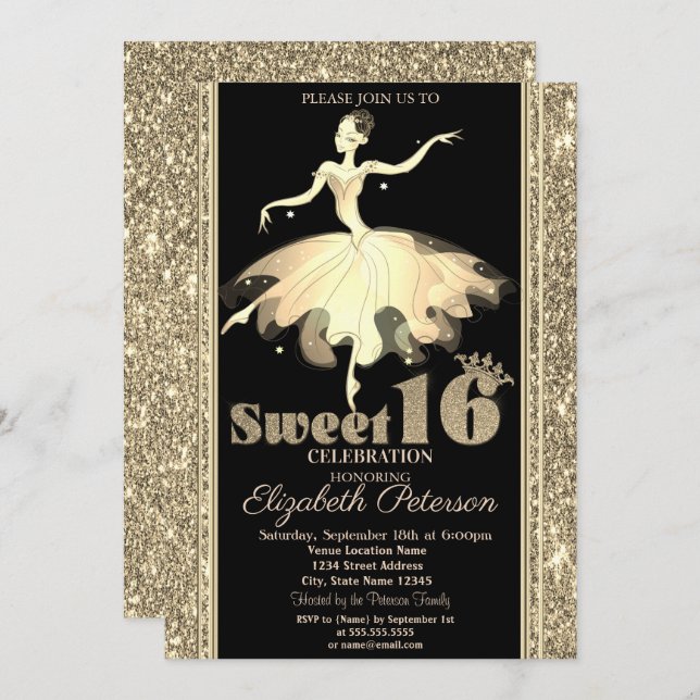 Convite Elegante Ballerina Dourada Glitter Sweet 16 (Frente/Verso)