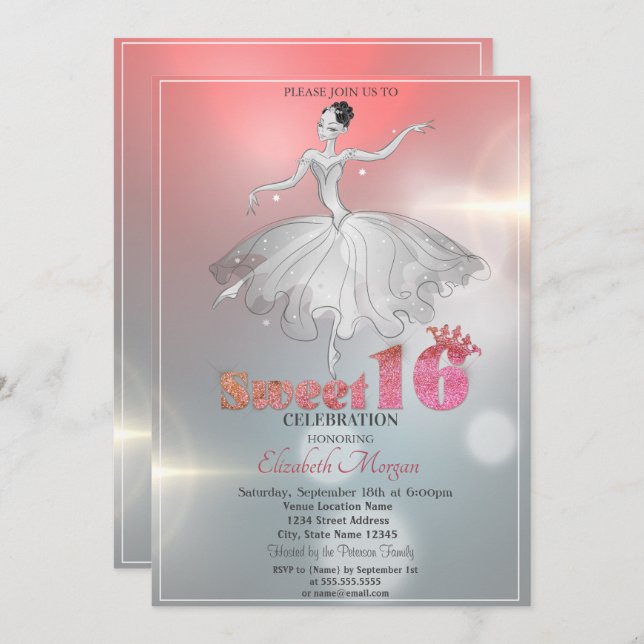 Convite Elegante Ballerina, Glitter Sweet 16 (Frente/Verso)