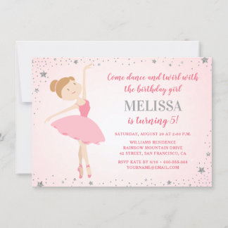 Convite Elegante Ballerina Pink Silver Stars Birday