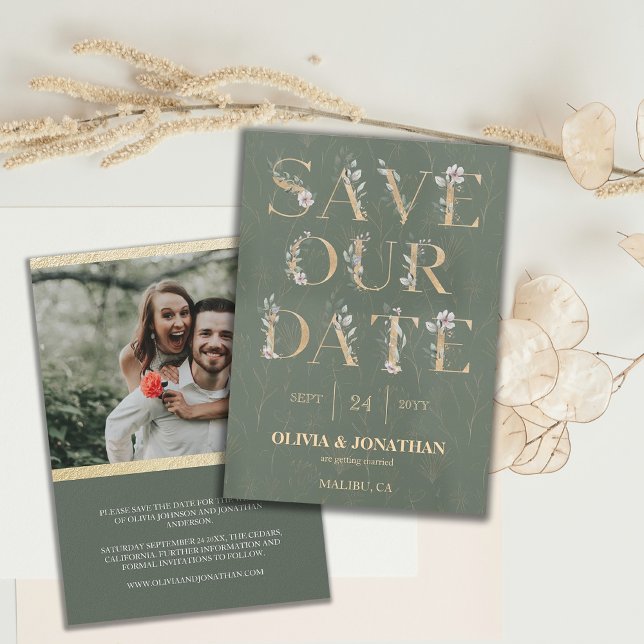 Convite Elegante Bandeja Verde Dourada Salve a Data (Save Our Date Sage Green Botanical Wedding Invite)